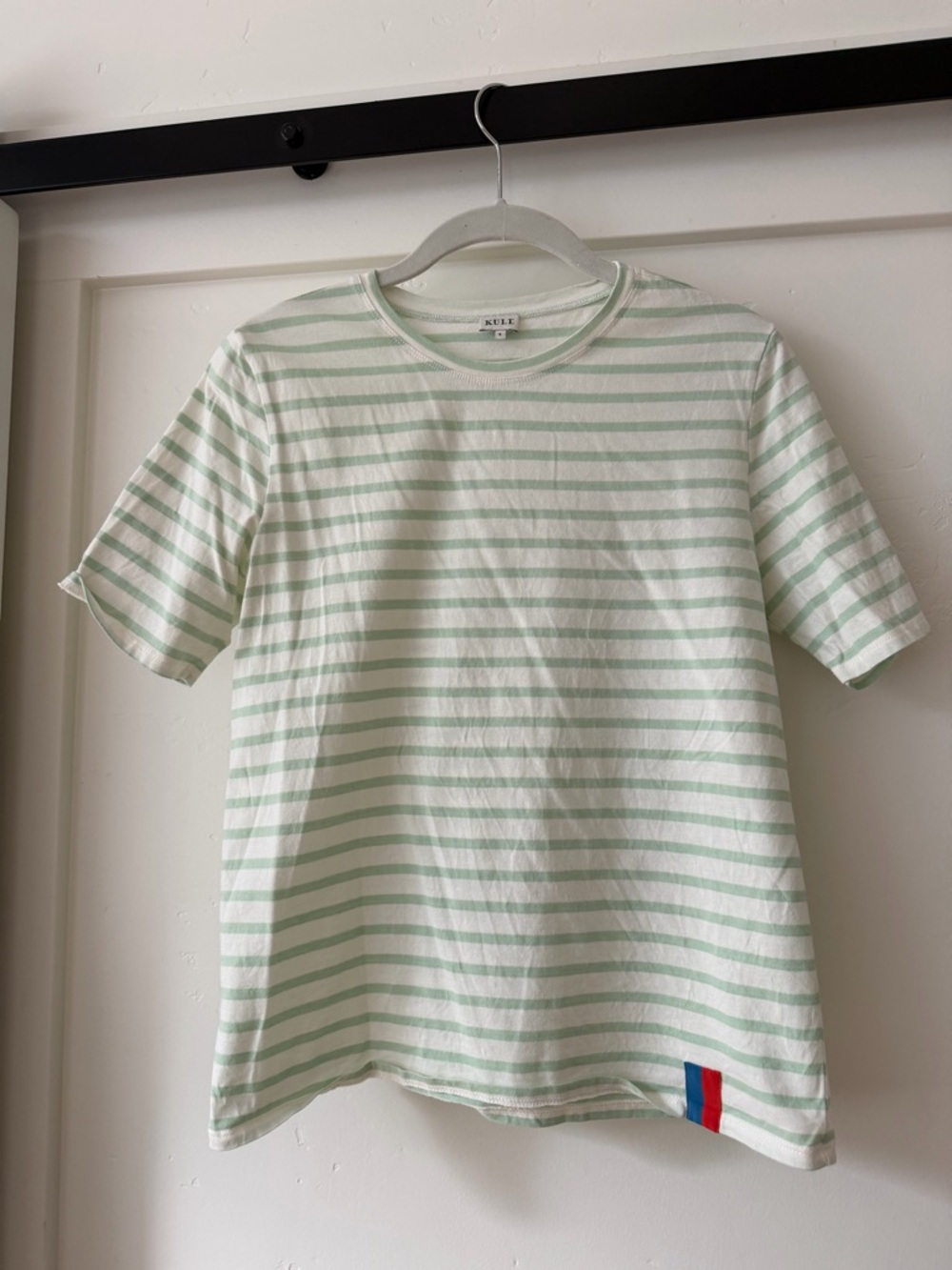 KULE Light Green and White Striped Crew Tee